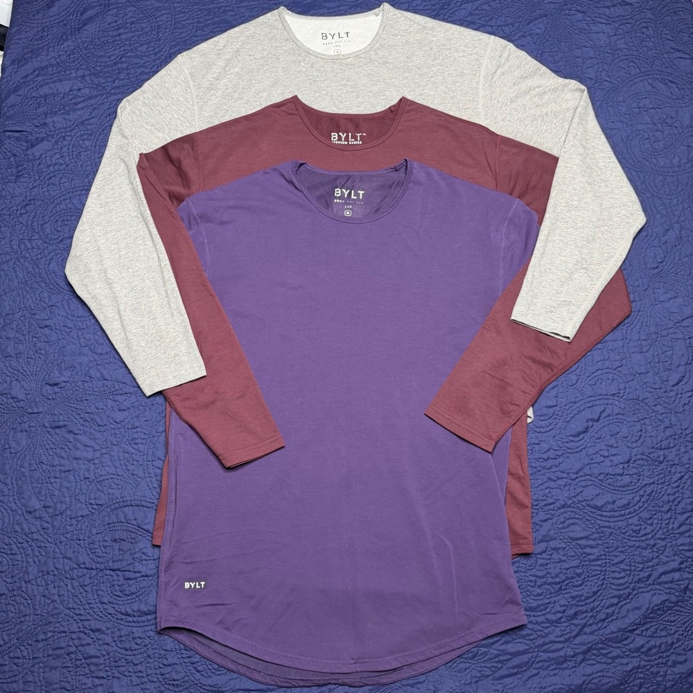Lot of 3 BYLT Premium Basics XL Drop Cut Lux L/S S/S Shirts Gray Burgundy Purpe